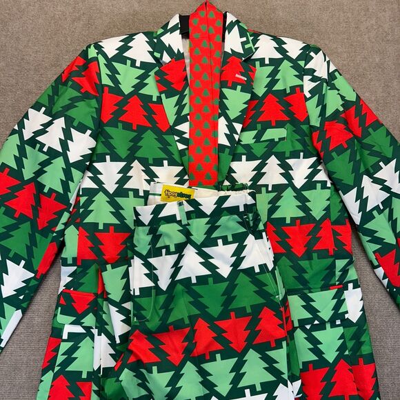Tipsy Elves Christmas Tree Holiday Suit Mens 44 Blazer + Size 36 Pants + Tie AOP